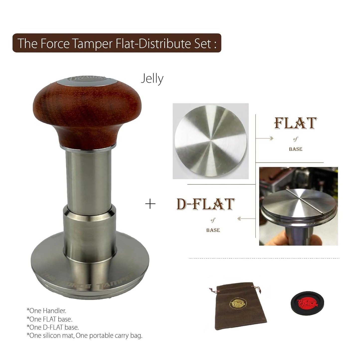 The Force Tamper Automatic Impact Adjustable Constant Pressure and Autoleveling Coffee Tamper Reddish Brown Jellyfish Wooden Handle Set Pro (Flat-Distribute Set, 54.00mm)