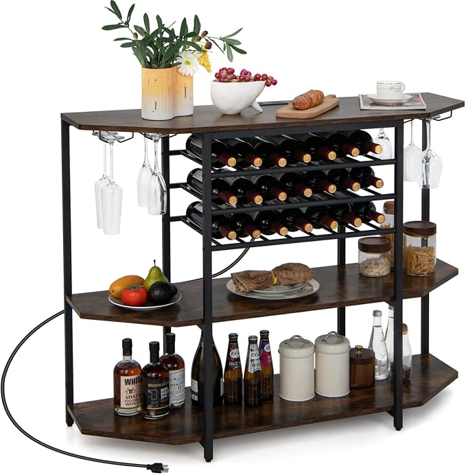 Giantex Wine Bar Cabinet with Power Outlet, Mini Coffee Bar Stand Table with 21 by Giantex