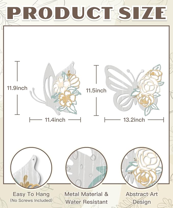 Putuo Decor 2 Pieces Butterfly Metal Wall Decor Floral Iron Wall Sculptures - Image 2