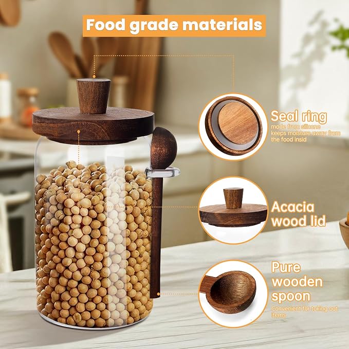 Glass Coffee Bean Storage Container, Wood Lid - Image 3