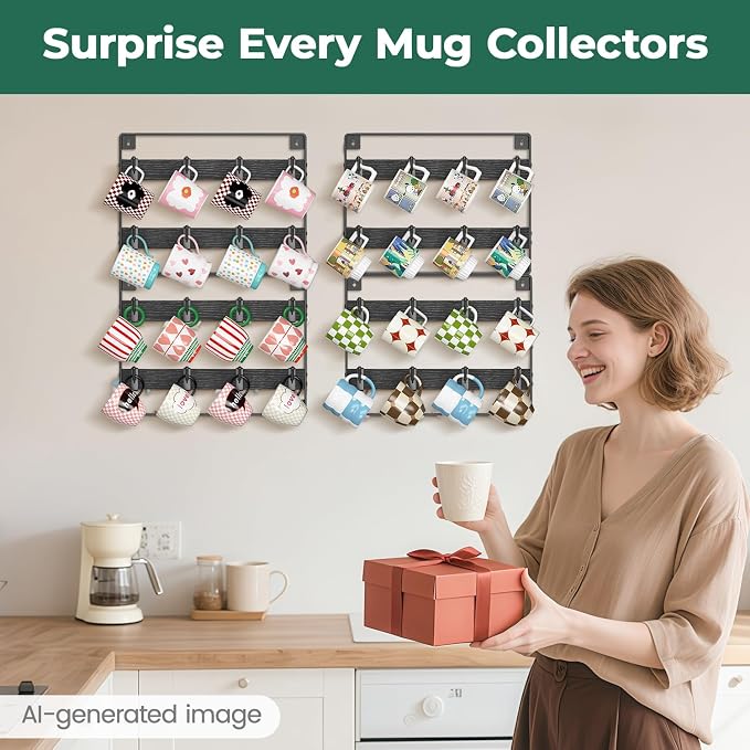 EsLuker.ly Mug Holder Hanger Rack Wall Mounted Wooden 4 Pack Coffee Cup Storage - Image 7