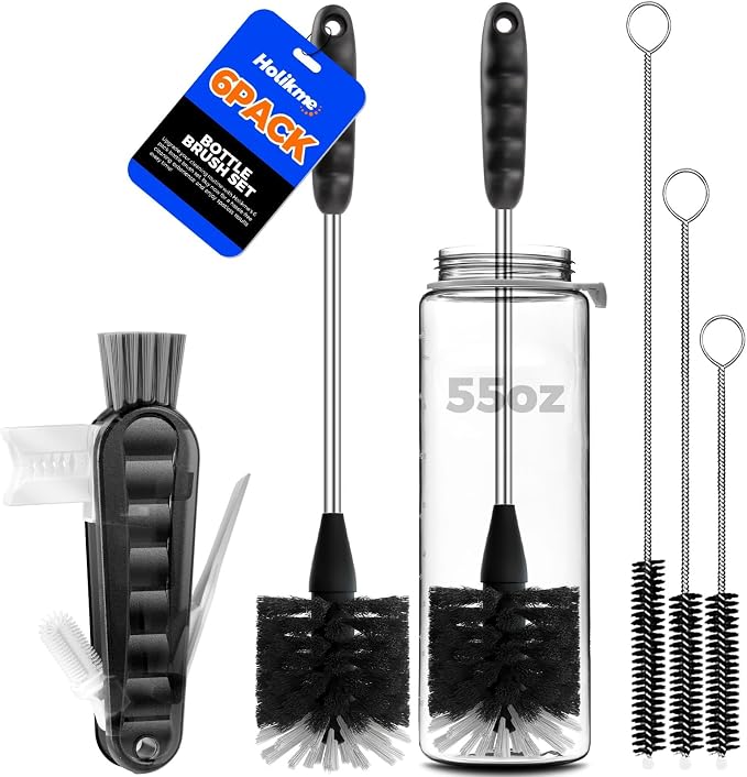 Holikme 6 Pack Bottle Brush Set, 3 Straw Brushes, 4-in-1 Bottle Cleaning Brush by Holikme