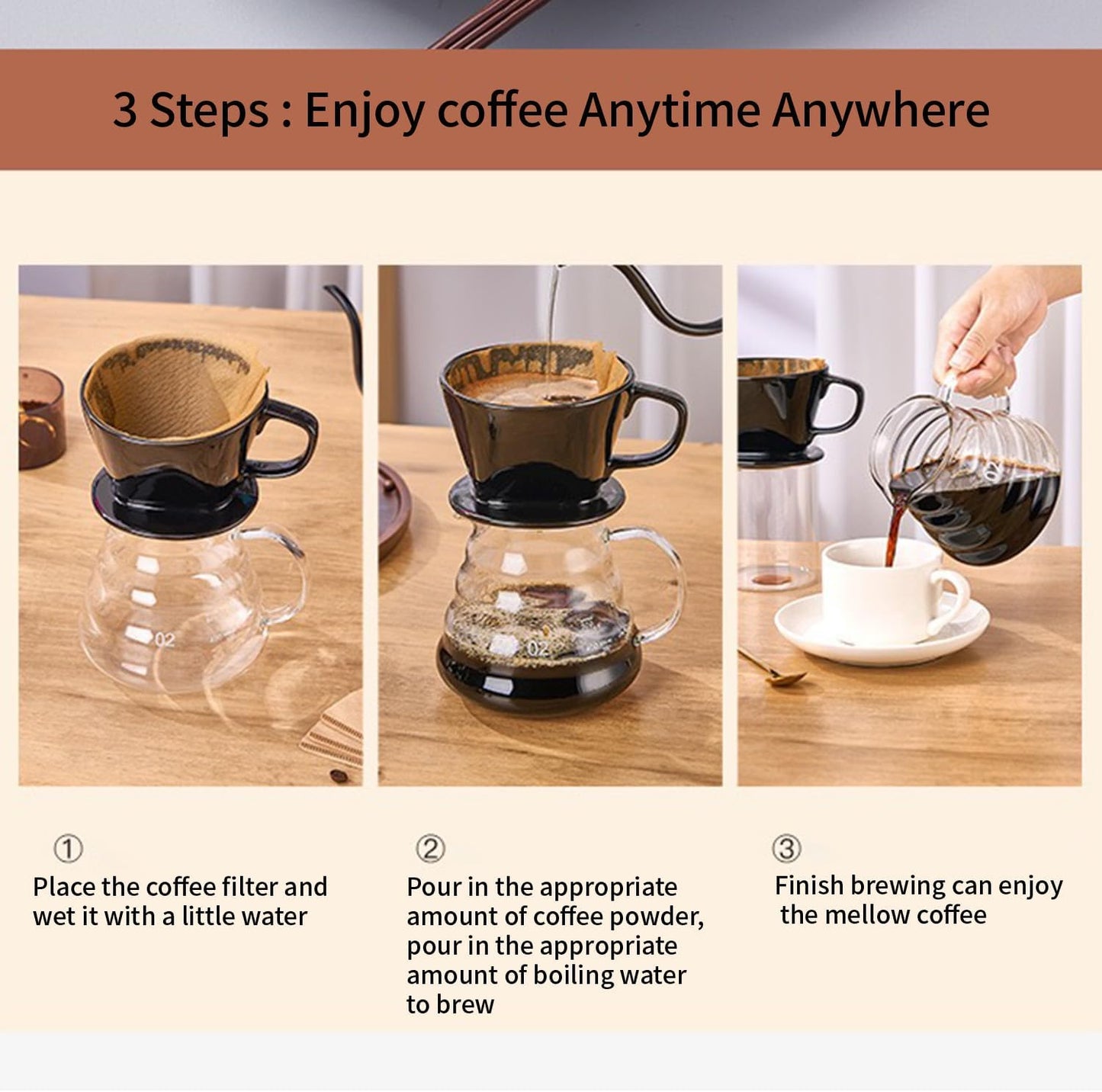 Pour Over Coffee Maker, Single Cup Coffee Dripper, Manual Porcelain Slow Brewing Accessories for Travel, Camping, Office, Home, Cafe, Coffee Gifts (Black, Medium)