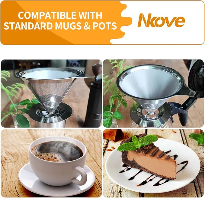 NKOVE Pour Over Coffee Dripper Stainless Steel Reusable Filter Paperless Cone - Image 7