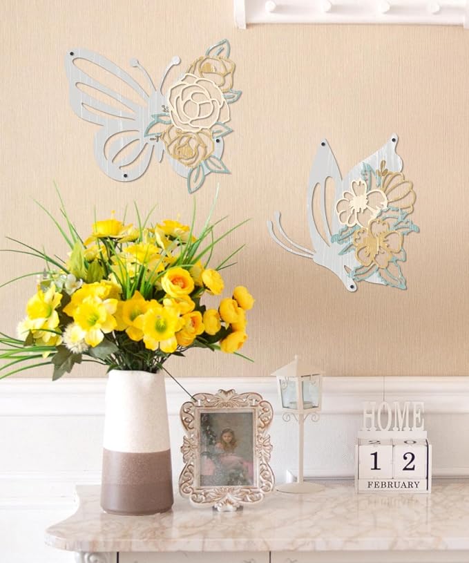 Putuo Decor 2 Pieces Butterfly Metal Wall Decor Floral Iron Wall Sculptures - Image 5