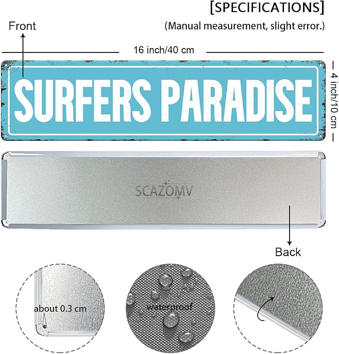 Surfers Paradise Light Blue Tin Sign Vintage Metal Sign Retro Wall Art Poster - Image 2