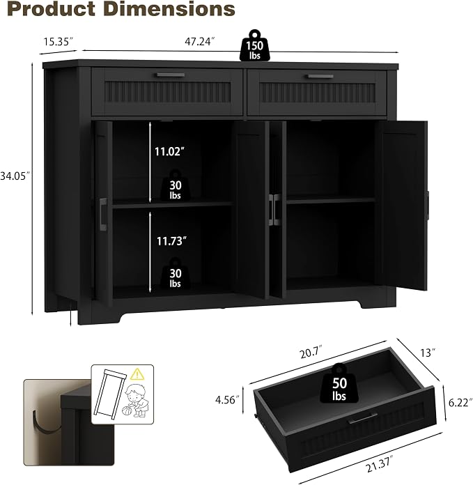 Buffet Cabinet with 2 Storage Drawers, Farmhouse Coffee Bar Table with Storage - Image 2