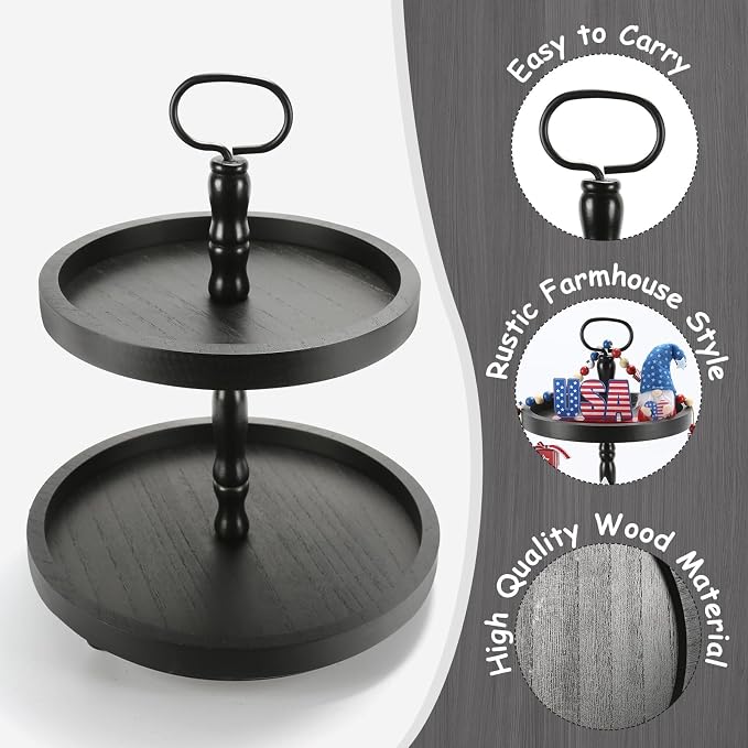 Wooden Two Tiered Tray Stand, Farmhouse Round 2 Tier Decorative Tray - Image 2
