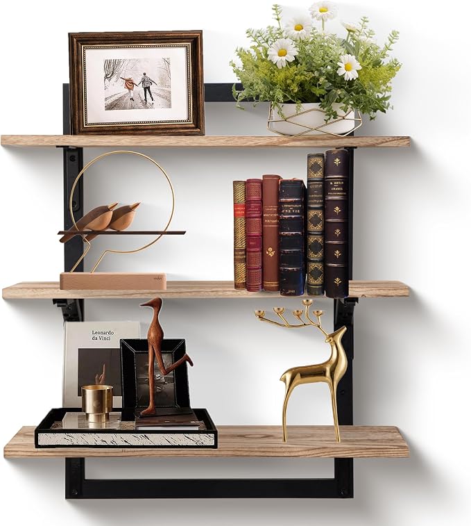 24-Inch Floating Shelves for Wall，3-Tier Wooden Wall Mounted Kitchen Shelves by Wodhels