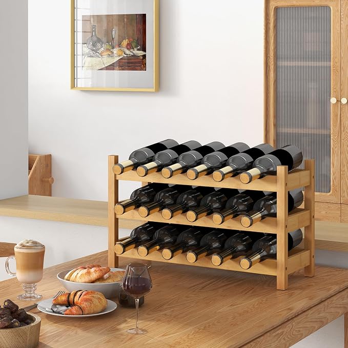 Giantex Bamboo Wine Rack, 3-Tier 18 Bottle Storage Cabinet Shelf, Small Bottle - Image 8