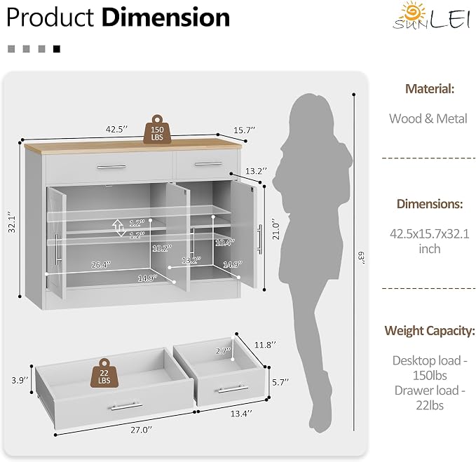 SUNLEI Kitchen Buffet Sideboard Cabinet - Image 2
