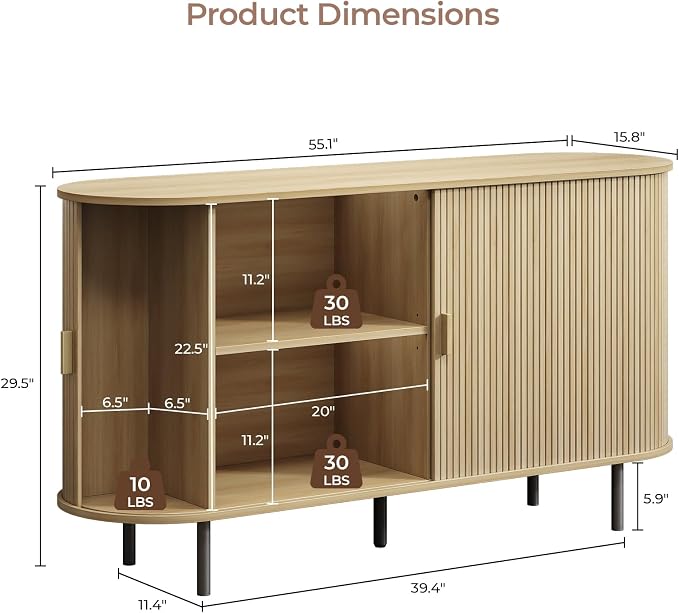 Buffet Cabinet with Storage, Fluted Sideboard Buffet with Sliding Door - Image 2