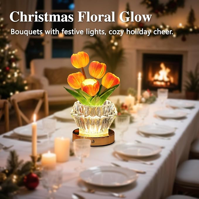 Tulip Flower Lamp with Diamond Vase, 3 Color LED Night Light, Dimmable Touch - Image 7