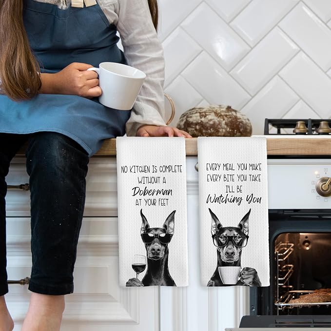 Funny Doberman Kitchen Towels Set of 2, Dog Kitchen Accessories, Coffee Station - Image 3