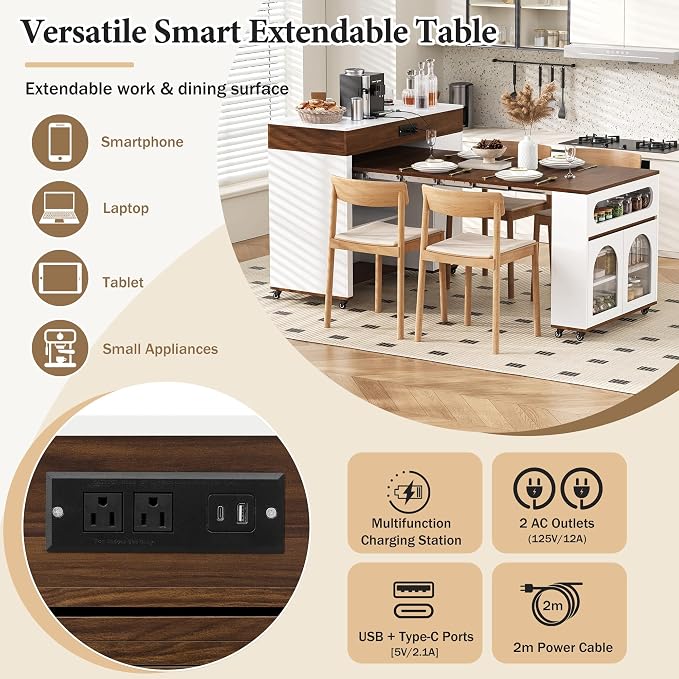 Rolling Kitchen Island with Extendable Dining Table & Power Outlet, 73.8’’ - Image 3
