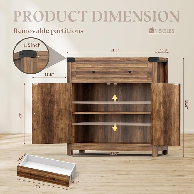 YESHOMY Coffee Bar and Accent Cabinet, Farmhouse Barn Door Buffet Sideboard - Image 3