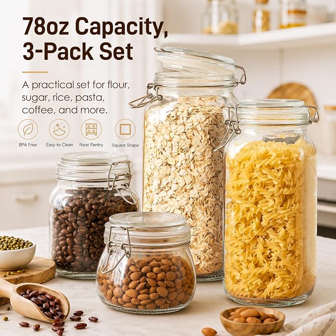 GOSCHE 78oz Glass Jars with Airtight Lids, 3 Pack Square Glass Storage - Image 6