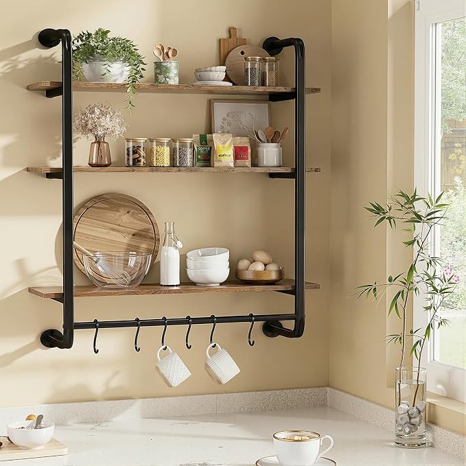 3 Tier Industrial Pipe Floating Shelf, Coffee Bar Shelves Display Bookshelf - Image 4