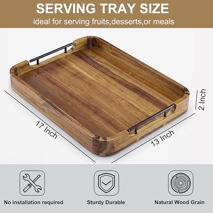 ZUJJAFY Serving Tray with Metal Handles, 17 x 13 in Acacia Wood Tray - Image 4