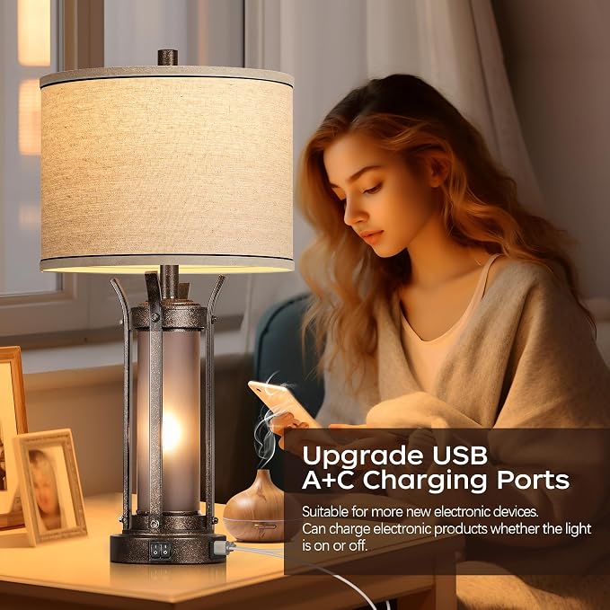 QiMH Farmhouse Table Lamps for Living Room, Rustic Beside Lamps for Bedroom - Image 3
