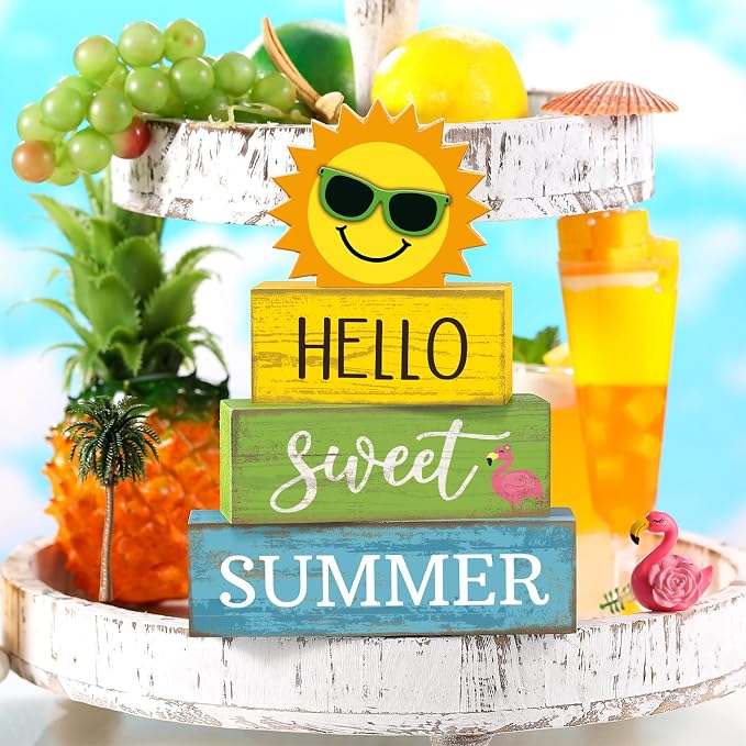 Yuntau 4 Pcs Summer Table Decoration Hello Sweet Summer Tiered Tray Decor - Image 2