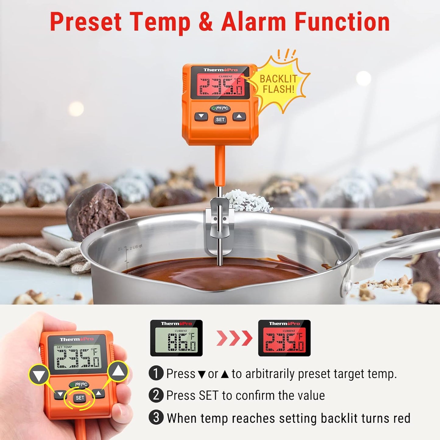 ThermoPro TP511 Digital Candy Thermometer with Pot Clip, Programmable Instant Read Food Meat Thermometer with 10'' Long Probe for Smoker Baking Grilling Candle Liquid Oil Deep Fry Thermometer