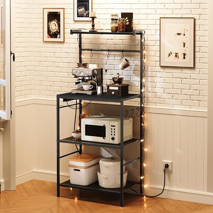 MAHANCRIS Bakers Rack with Power Outlet, Kitchen Storage Shelf with 6 Hooks - Image 6