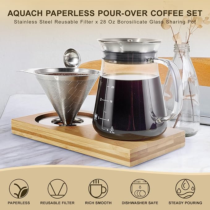 Aquach 28oz Pour Over Coffee Maker Set, Glass Carafe - Image 2