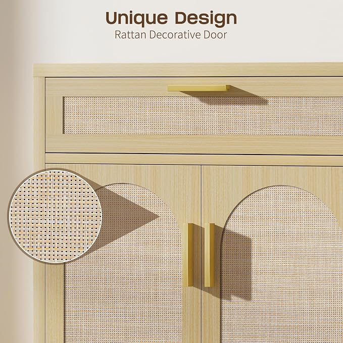 Rattan Buffet Cabinet with Storage, Sideboard Cabinet with Doors and Shelves - Image 3