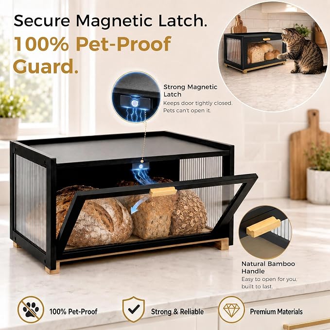 MinBoo Black Bamboo Bread Box for Kitchen Countertop - Image 4