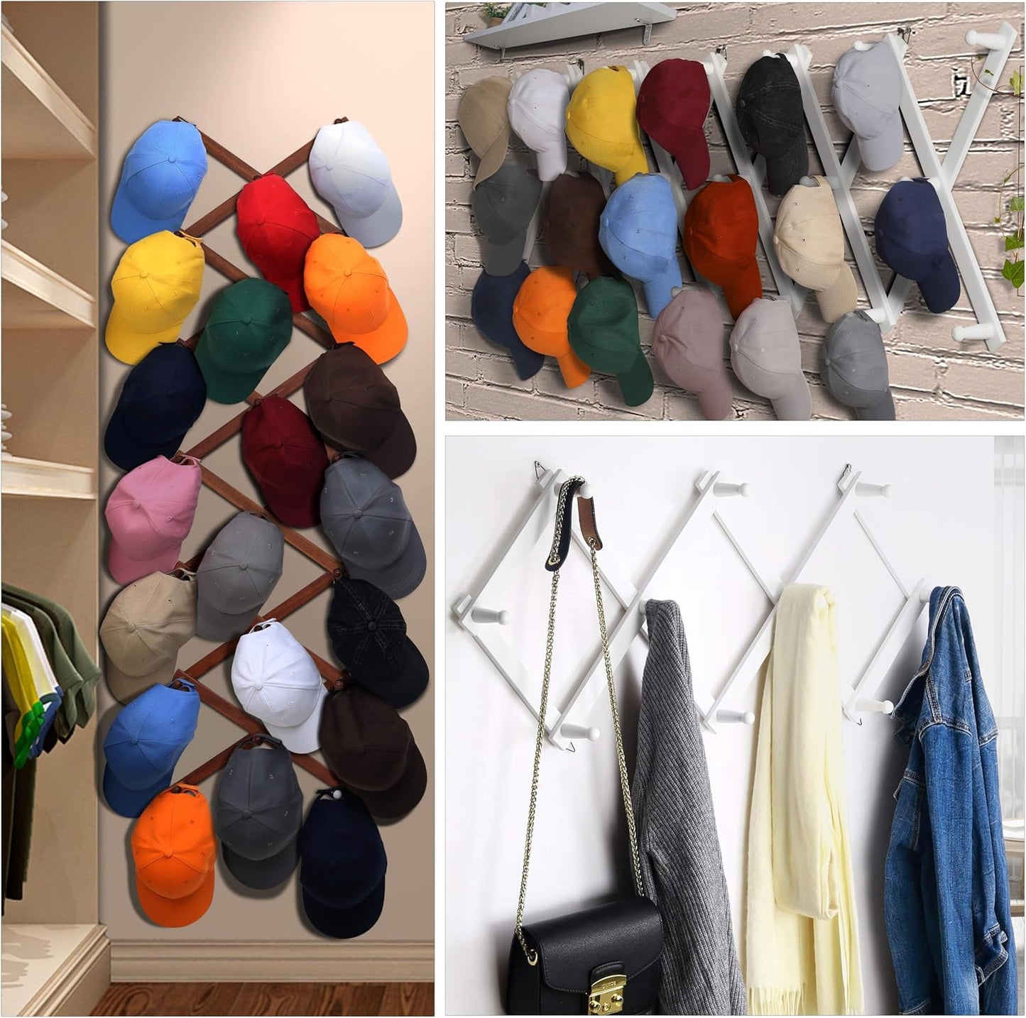 Dseap Accordion Wall Hanger:16'' High Wooden Wall Expandable Coat Rack,Hat Rack Holder,Accordion Hook for Baseball Caps,Coats,16 Peg Hooks,Dark Walnut