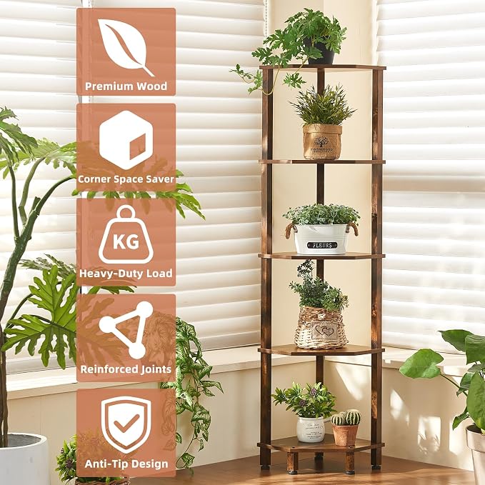 YUFAM 5-Tier Corner Shelf with Sturdy 5-Leg Base, Wooden Corner Bookshelf - Image 6