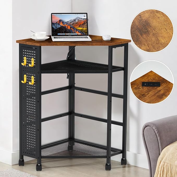 HOMREST Corner Table with Charging Station, 3-Tier Corner Shelf Stand with - Image 4