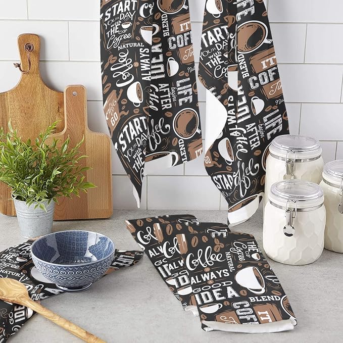 Kitchen Towel Set, Coffee Theme Fast Drying Microfiber Kitchen Towels Dish - Image 3