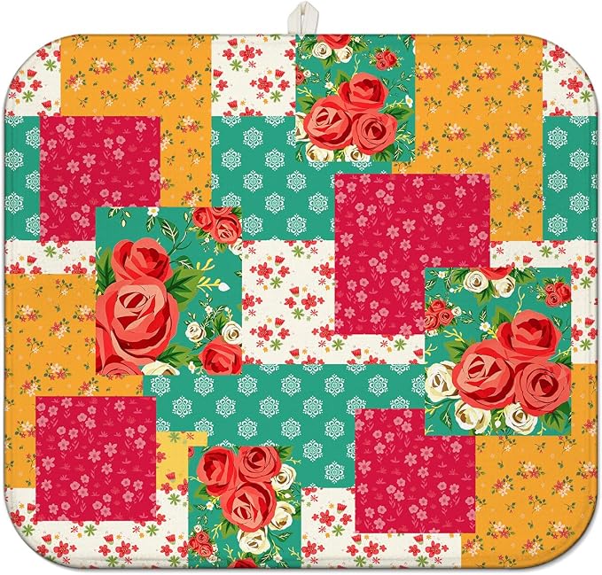 Boho Floral Dish Drying Mat for Kitchen Countertops, Farmhouse Flower by Unknown