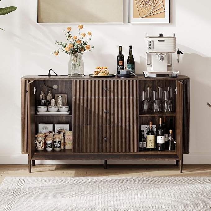 59" Buffet Cabinet with Drawers, Large Fluted Sideboard Buffet Storage Cabinet - Image 3