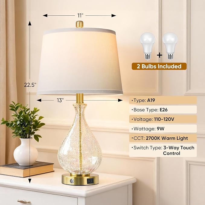 QiMH Glass Table Lamps for Living Room, Bedside Lamps Set of 2 - Image 4