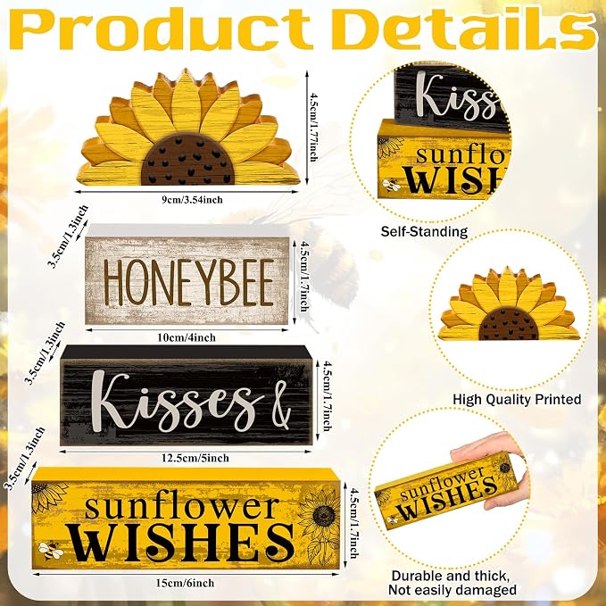 Lineshading 4 Pcs Summer Table Decor Wooden Sunflower Tiered Tray Decor Rustic - Image 4