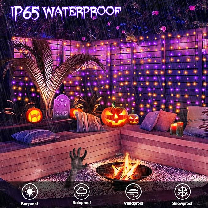 Halloween Battery Curtain Lights Purple Orange - Image 3
