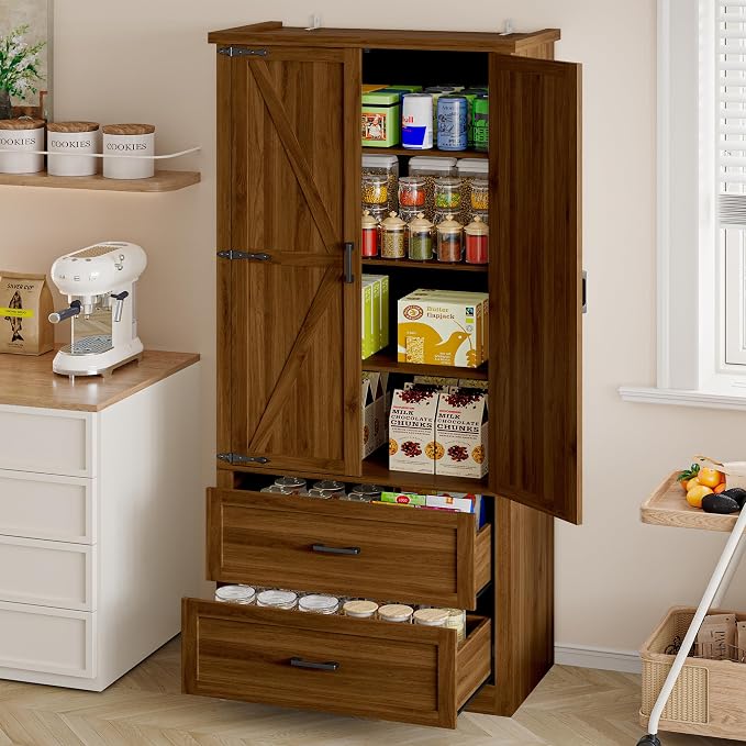 BORNOON Pantry Organizers and Storage Cabinet, 71” Barn Door White Kitchen - Image 3