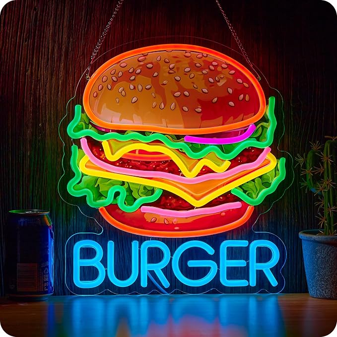 Burger Neon Sign for Wall Décor Hamburger Business Dimmable LED Light USB by IMTATTO