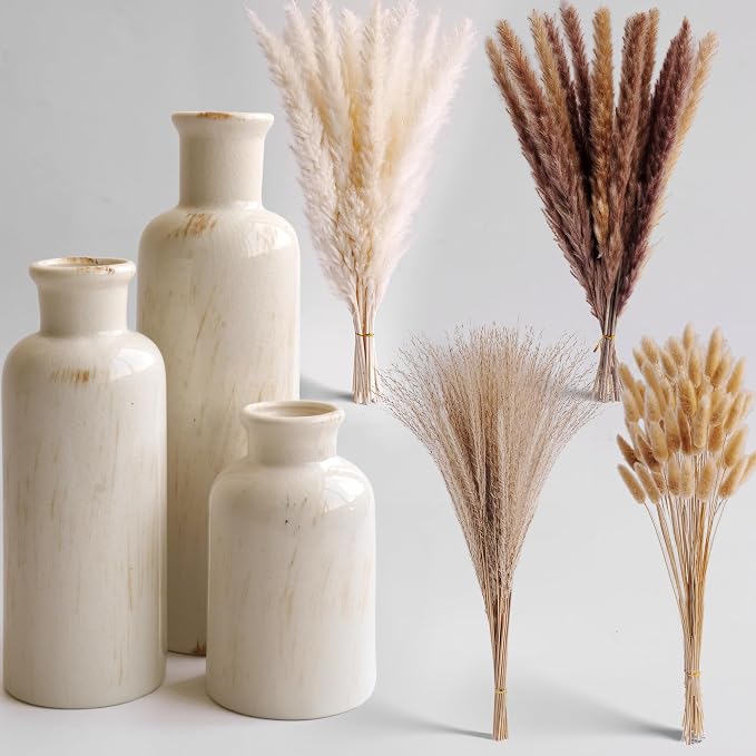 Pampas Grass with Vase Set – 3 Beige White Ceramic Vases with Natural Dried - Image 2