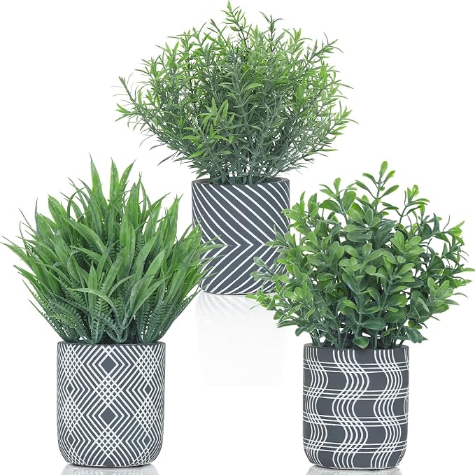 3 Pack Small Fake Plants, Fake Grass Plant, Artificial Boxwood & Rosemary by BLISOUL