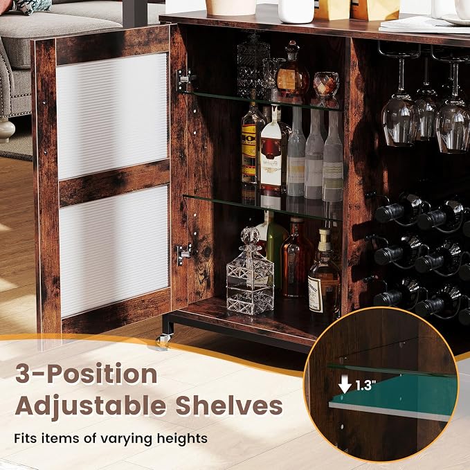 GOFLAME Wine Bar Cabinet with Wheels and LED Lights, Industrial Coffee Bar - Image 6