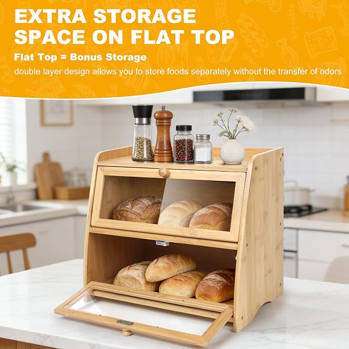 Bamboo Double Layer Bread Box for Kitchen Counter - Image 2