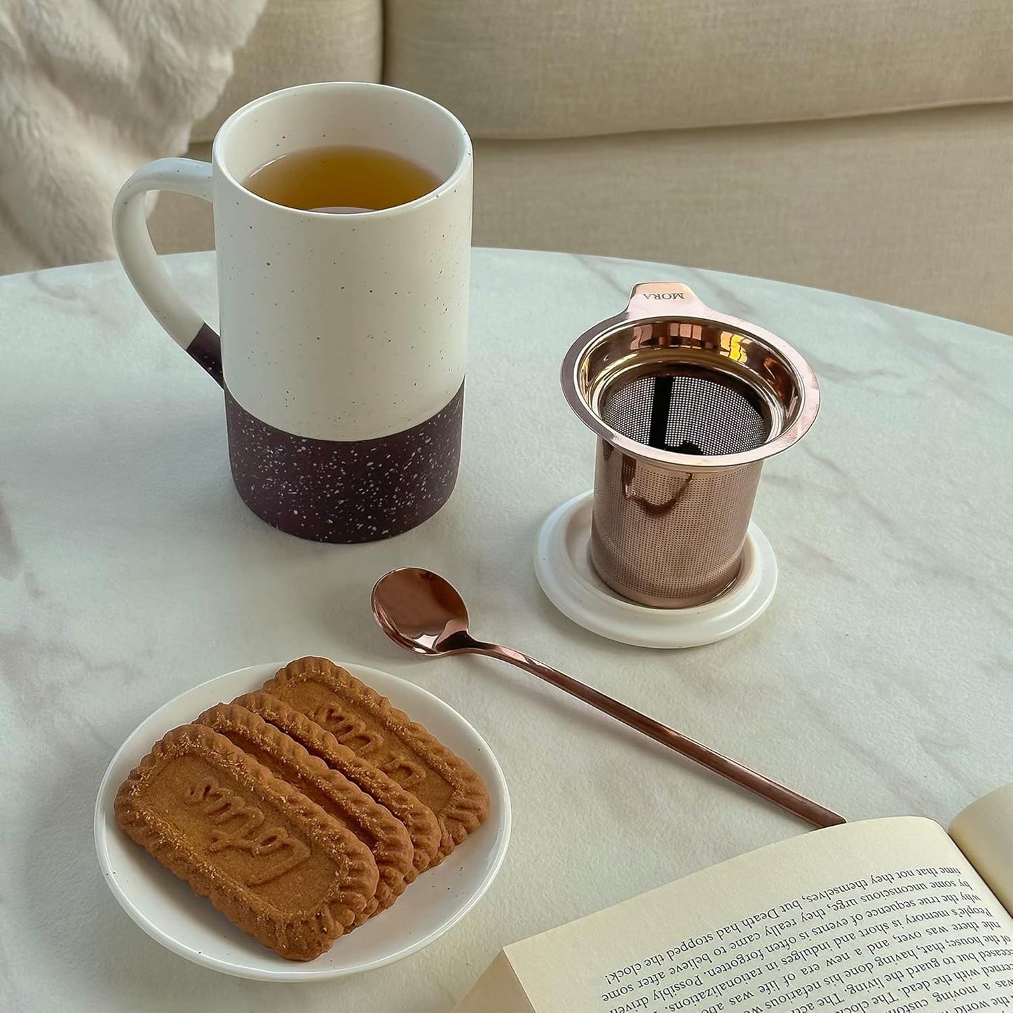 Mora Ceramics Tea Cup with Loose Leaf Infuser, Spoon and Lid, 12 oz, Microwave and Dishwasher Safe Coffee Mug - Rustic Matte Ceramic Glaze, Modern Herbal Tea Strainer - Great Gift for Women, Garnet
