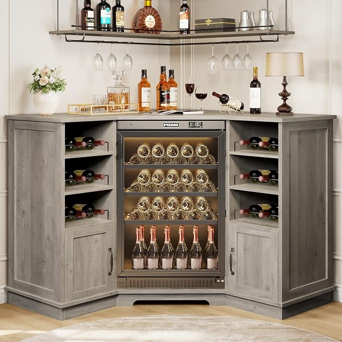 HSH Corner Bar Cabinet with Mini Fridge Space, Modern Wood Bar Cabinet with by HOMESWEETHOME