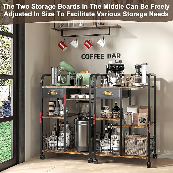 keomaisyto Coffee Cart with Storage Drawer, Coffee Bar Cabinet with Wheels - Image 6