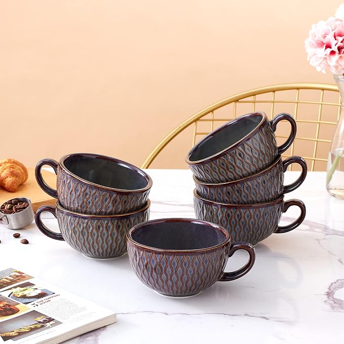 Coffeezone Set of 6 Cups Vintage Design 12 oz Professional Barista Ceramic - Image 2