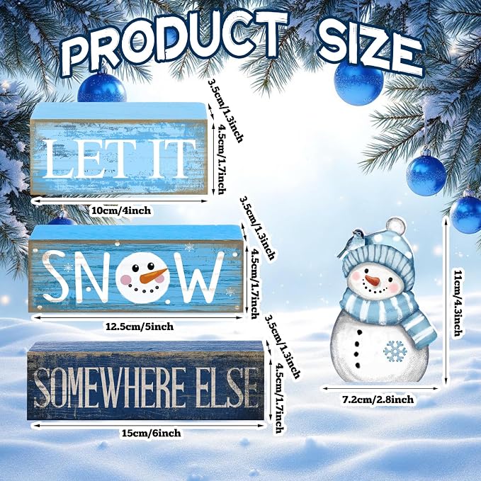 Lineshading 4 Pcs Snowman Christmas Table Decorations Blue and White Wooden - Image 3